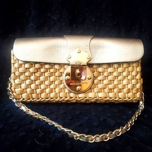 Michael Kors straw and gold leather clutch or shoulder purse. gold chain strap.